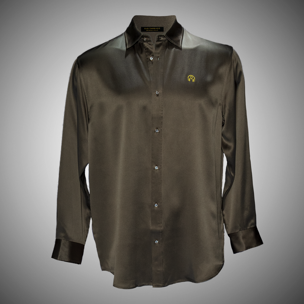 DJ0 Olive Silk Button Down with Gold Logo